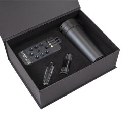 5067 Siyah - Krom Mug Hediyelik Set - Powerbank - Çakı - Fener - Termos Seti - 1